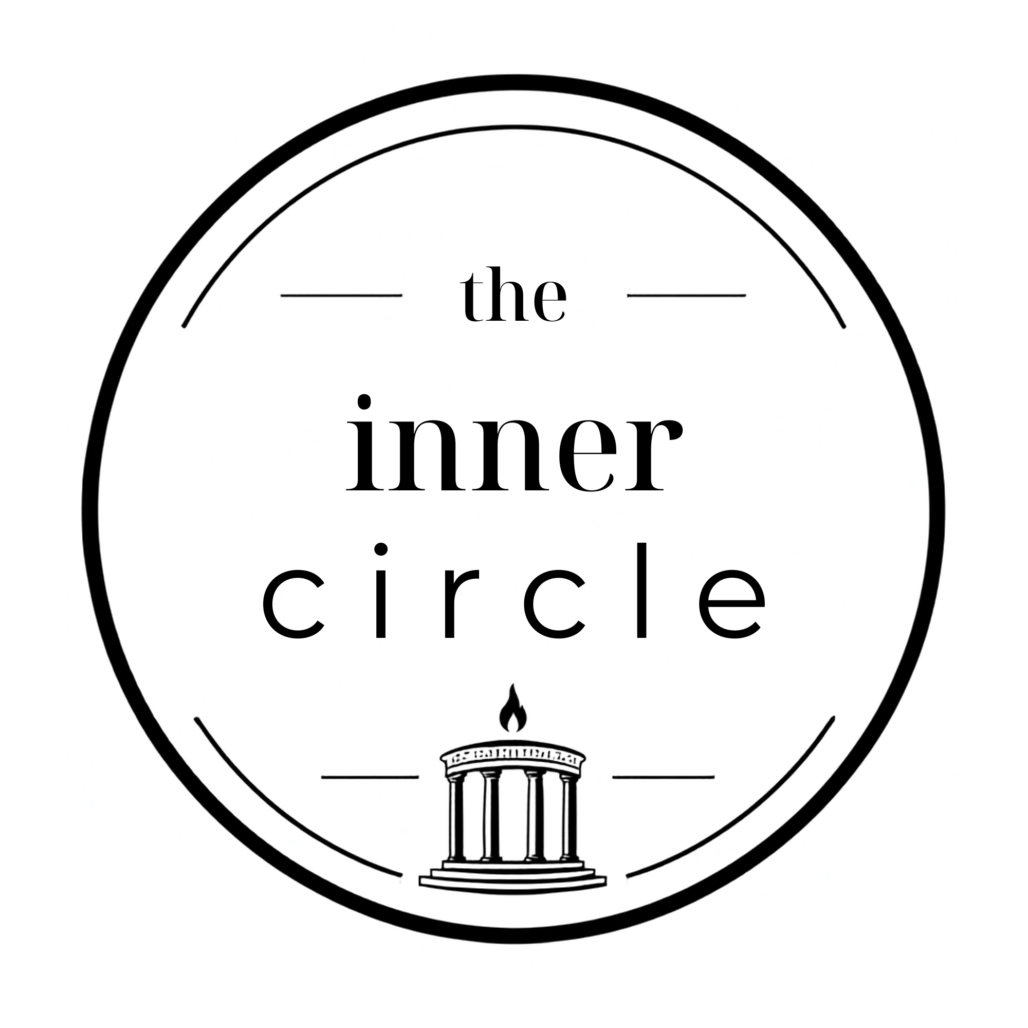 a round logo with the words the inner circle and a classical temple on the bottom