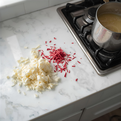 a marble countertop with a pot of melting wax and flakes of red and white wax