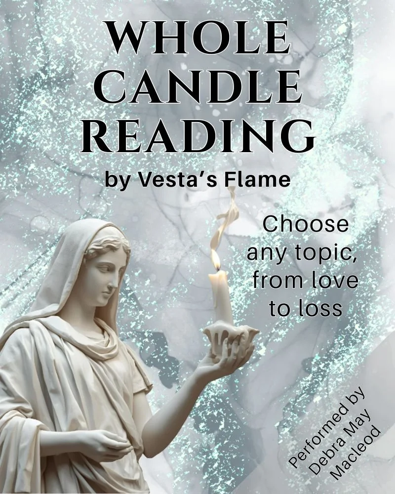 a statue of a priestess holding a melting candle against a teal sparkling background. The text reads Whole Candle Reading by Vesta's Flame
