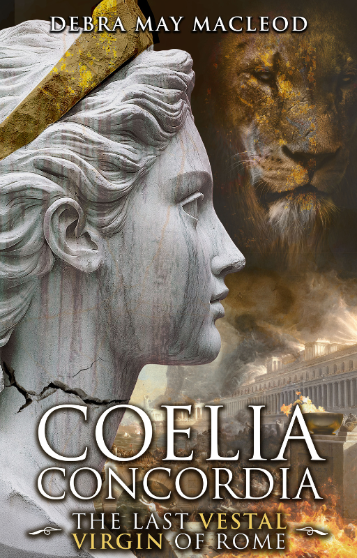 A head of a classical statue of a woman, with a lion in the background and scenes of destruction. It's a book cover, the title is Coelia Concordia: the last Vestal virgin of Rome