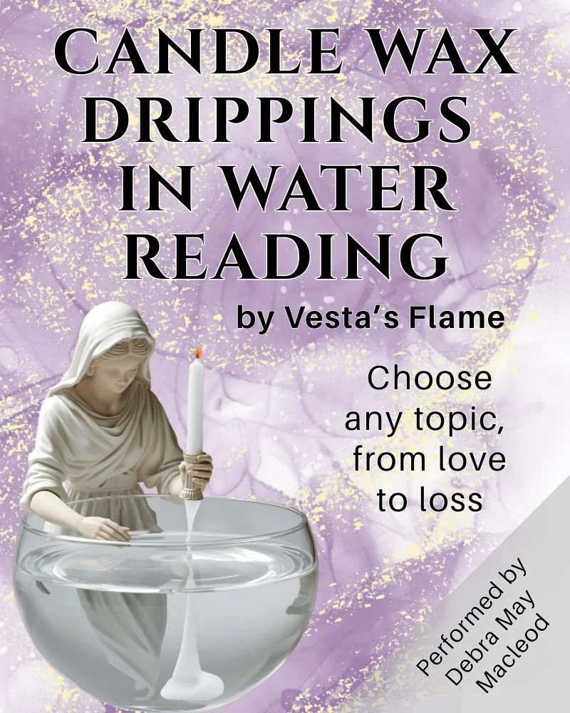 a statue of a priestess is dripping candle wax into a bowl of water. The text reads Candle Wax Drippings in Water Reading by Vesta's Flame