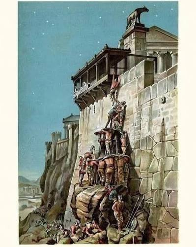 illustration of soldiers climbing a hillside, with a statue of a wolf at the top