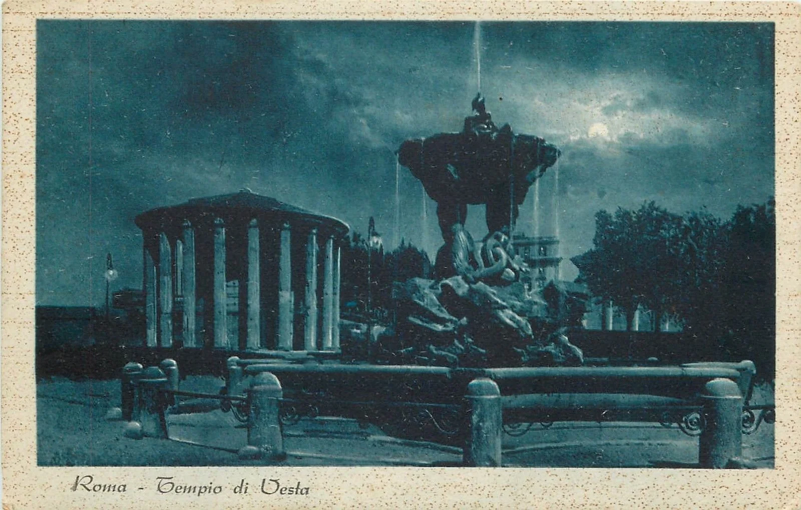 A vintage postcard showing a pretty scene: a temple in the Forum Boarium first thought to be a Temple of Vesta, but now thought to be a Temple to Hercules (since this area is where Hercules was believed to have arrived in Rome via the Tiber River)