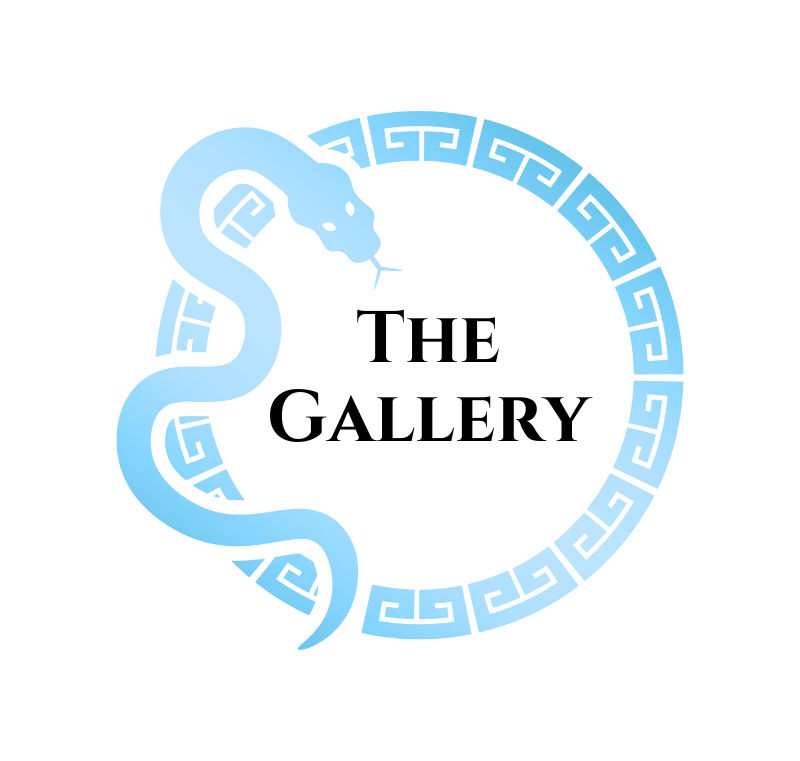Blue serpentine snake wrapped around an ornamental circular frame with ancient Greek-style patterns, on a transparent background.