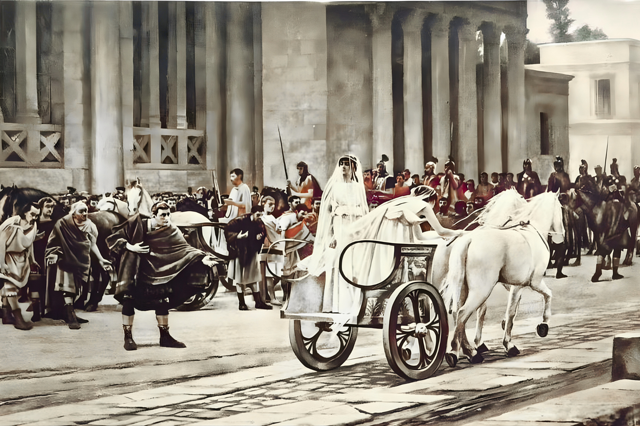 two women wearing white dresses ride in a horse drawn chariot as people bow. background is ancient Rome