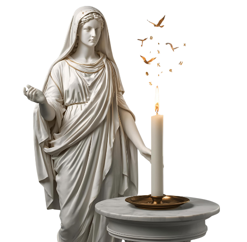 Statue of a woman in flowing robes holding a candle on a round table.