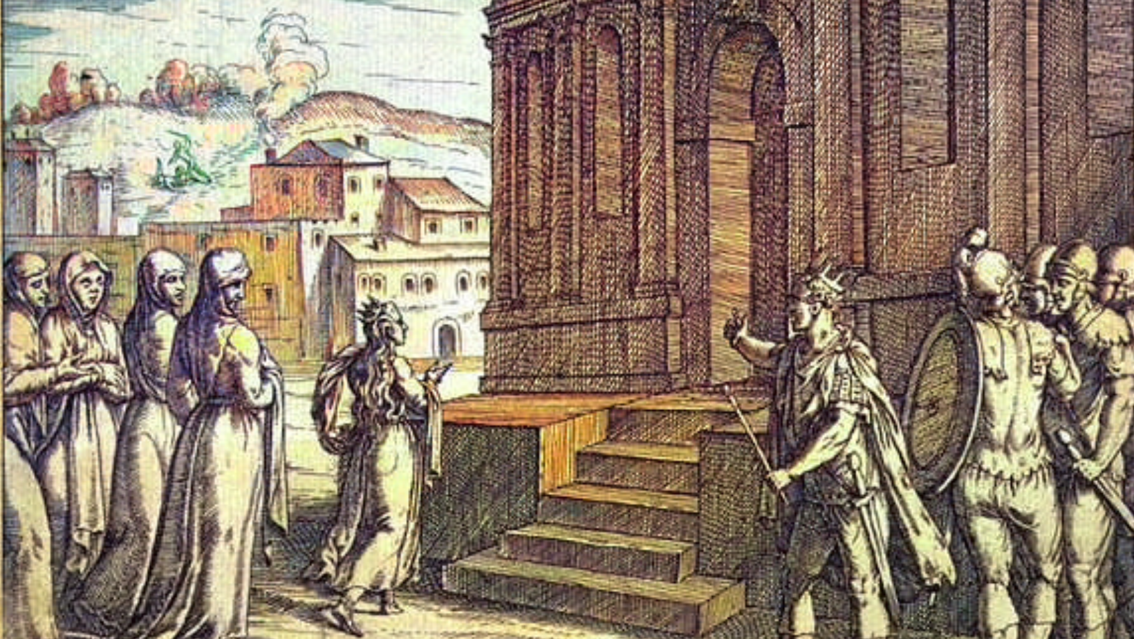 a vintage illustration of a woman wearing a crown approaching an ancient temple