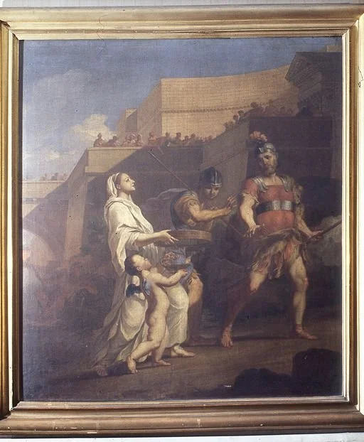 A 17th century painting by Thomas Blanchet depicting Tuccia proving her innocence by carrying a sieve of water from the Tiber to the temple without a drop falling out