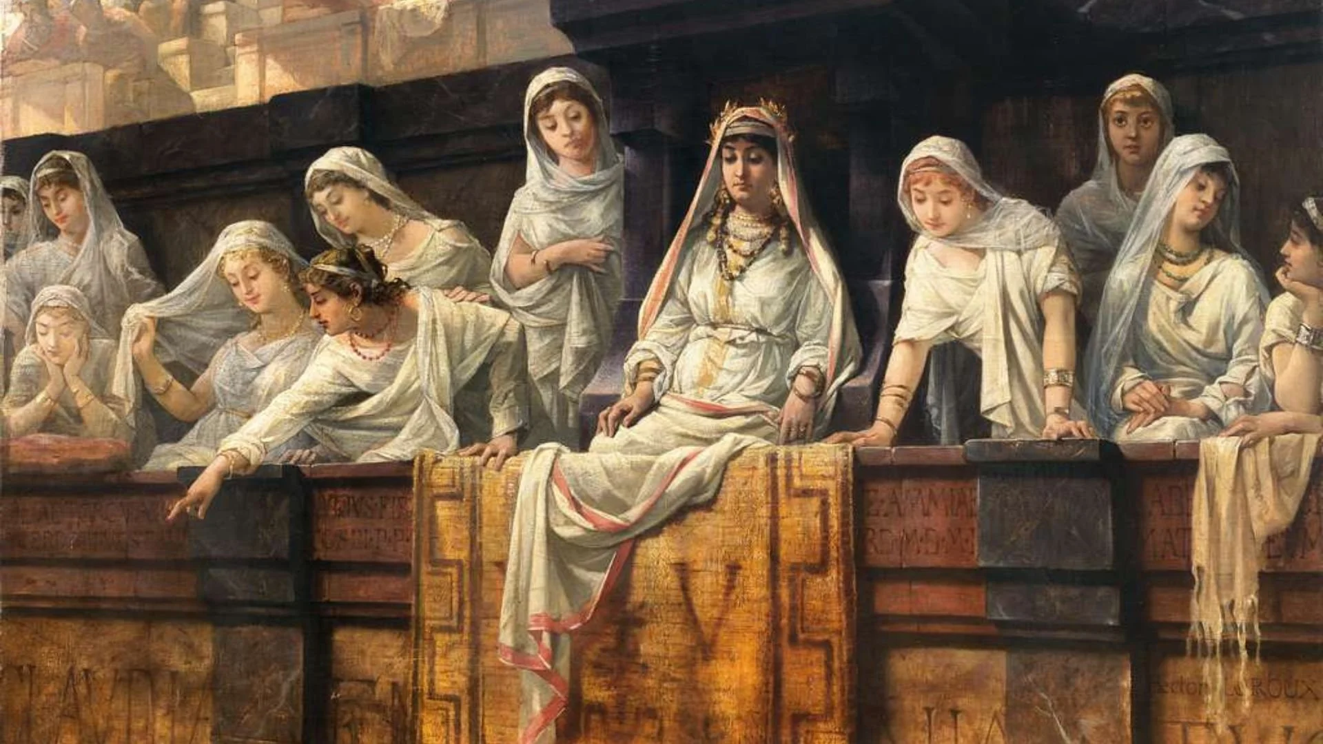 women in white dresses seated in Colosseum