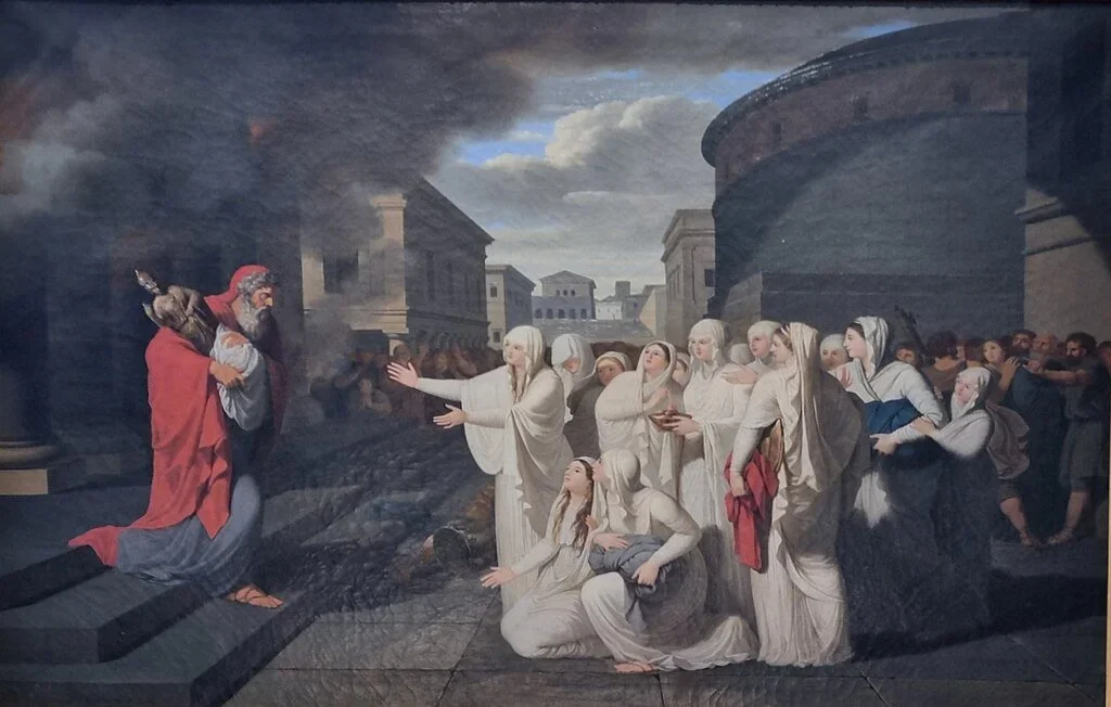 painting of a priest in a red robe fleeing a burning temple with a statue, approaching Vestals dressed in white