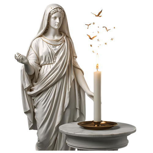 Statue of a woman in traditional dress with a candle on a table