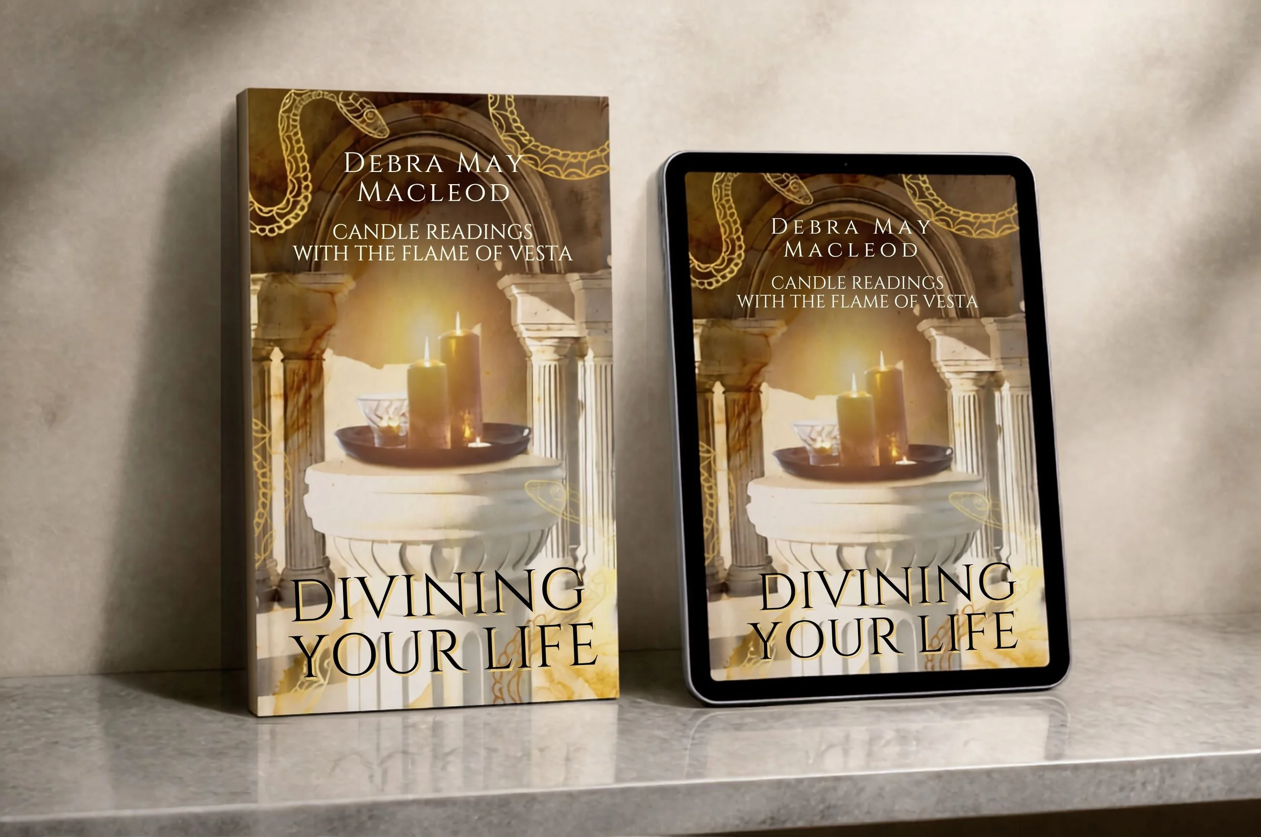 book covers, ancient columns with candles on top. The text says Divining Your Life: Candle Readings With the Flame of Vesta. Debra May Macleod
