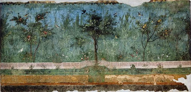 ancient Roman fresco with blue sky and green vegetation and birds