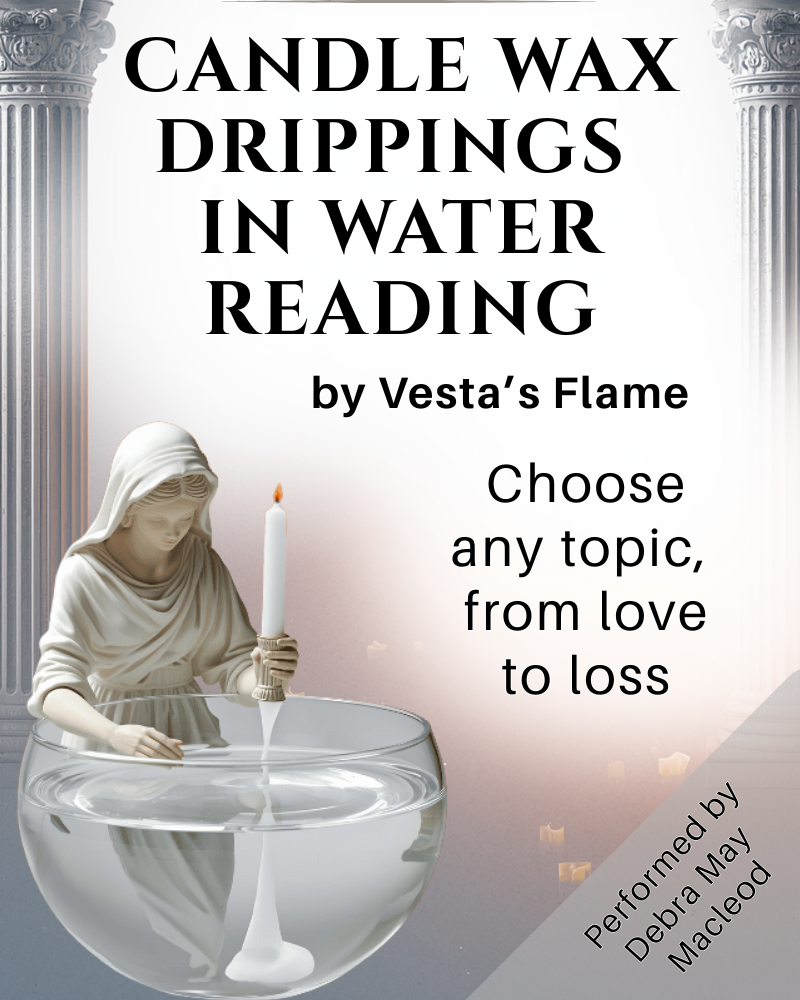 a statuette of a priestess holding a candle over a bowl of water, the page says Candle Wax Drippings in Water Reading by the Flame of Vesta