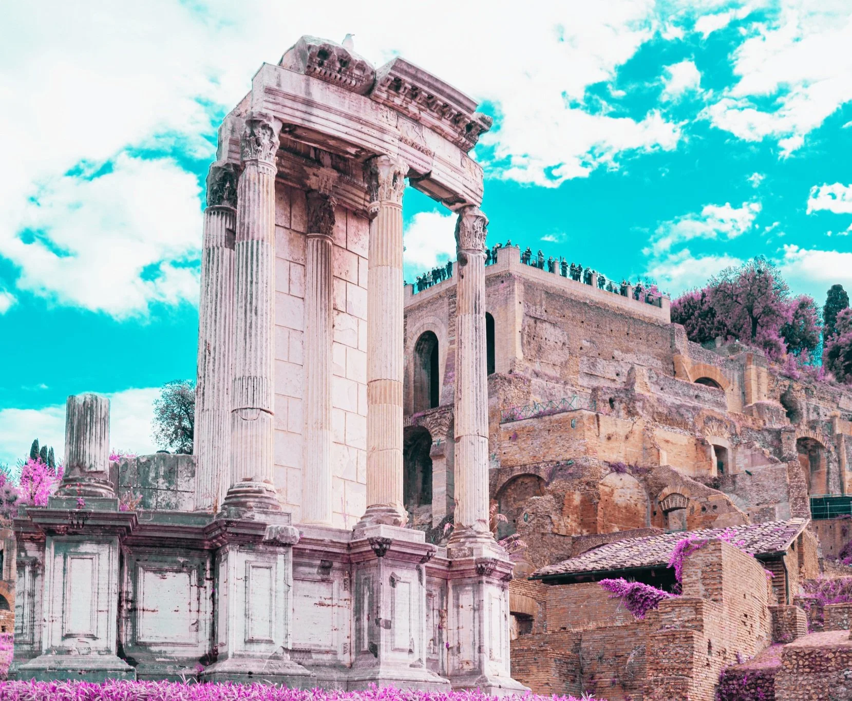 A photo of the Temple of Vesta as it appears today; the high hill behind the temple is the Palatine Hill where the emperor lived