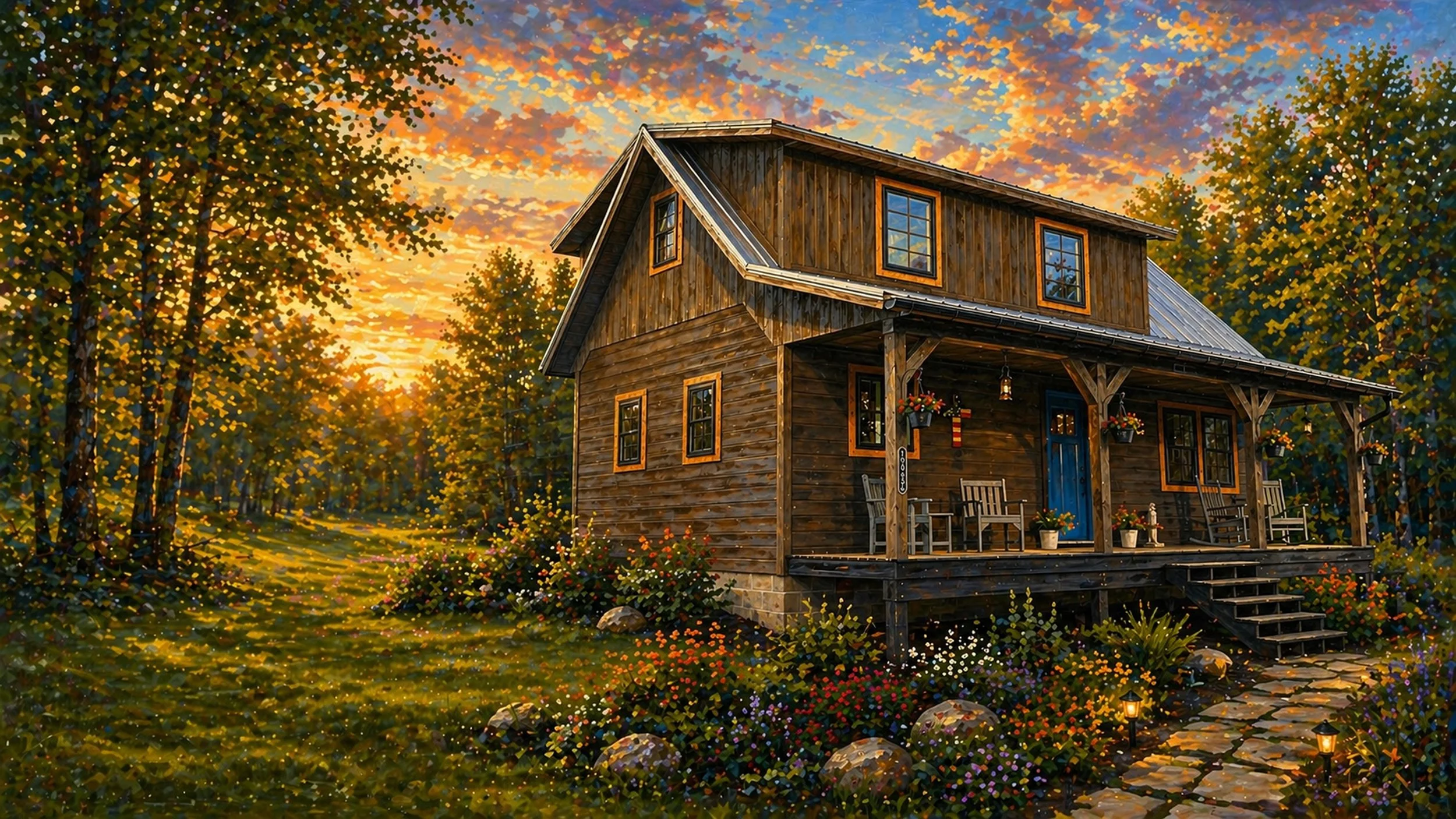 A cozy wooden house on a porch during sunset with colorful clouds in the sky, surrounded by trees and a garden with flowers and small lamps.