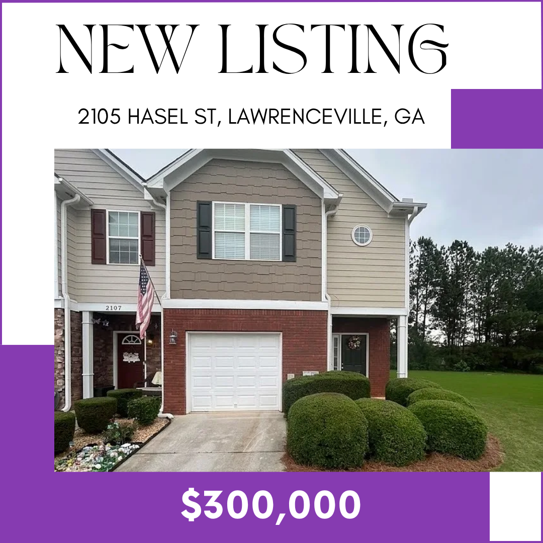 Real estate listing card for a house at 2105 Hasel St, Lawrenceville, GA, featuring a two-story house with a garage, front porch, and well-manicured shrubs, priced at $300,000.