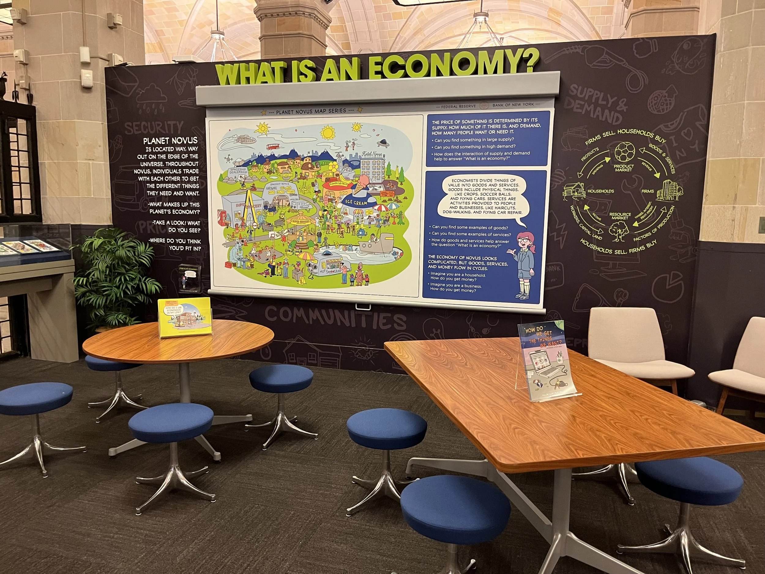 Educational display in a museum or exhibit setting with the theme 'What is an Economy?' featuring colorful illustrated panels explaining economic concepts. There are tables and stools for visitors to sit and interact with information, set against a b