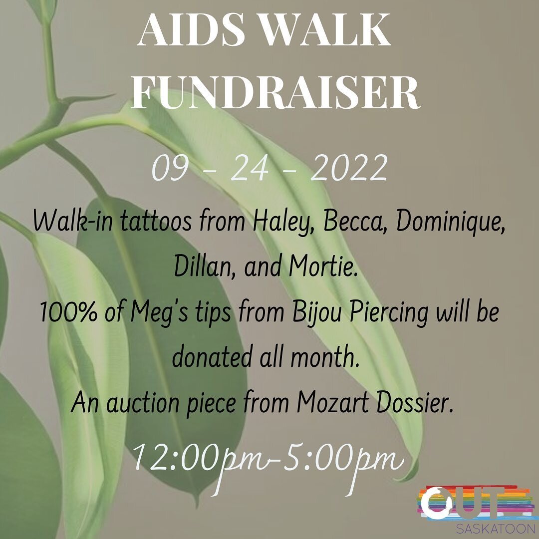 Hello friends!🤍🌈✨ 

If you haven&rsquo;t already heard, the annual AIDS walk is taking place September 25th. 

We will be raising funds all month for OUTSaskatoon, Prairie Harm, and Saskatoon Sexual Health. 

All month Meg from @bijoupiercing will 