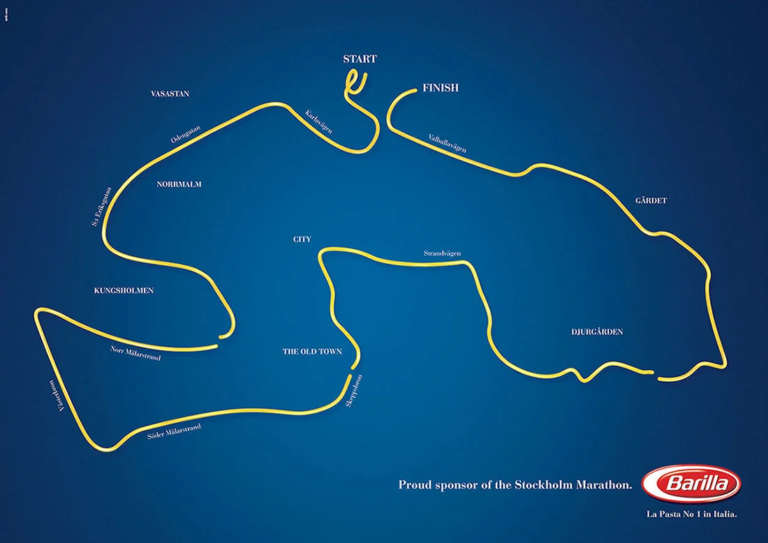   Barilla  The Marathon Map    Double page ad in marathon magazine for Sweden and Finland before the Stockholm Marathon. Barilla sponsored free pasta servings to runners the night before the race.  Creatives: Fredrik Forsling and Daniel Rinaldo 
