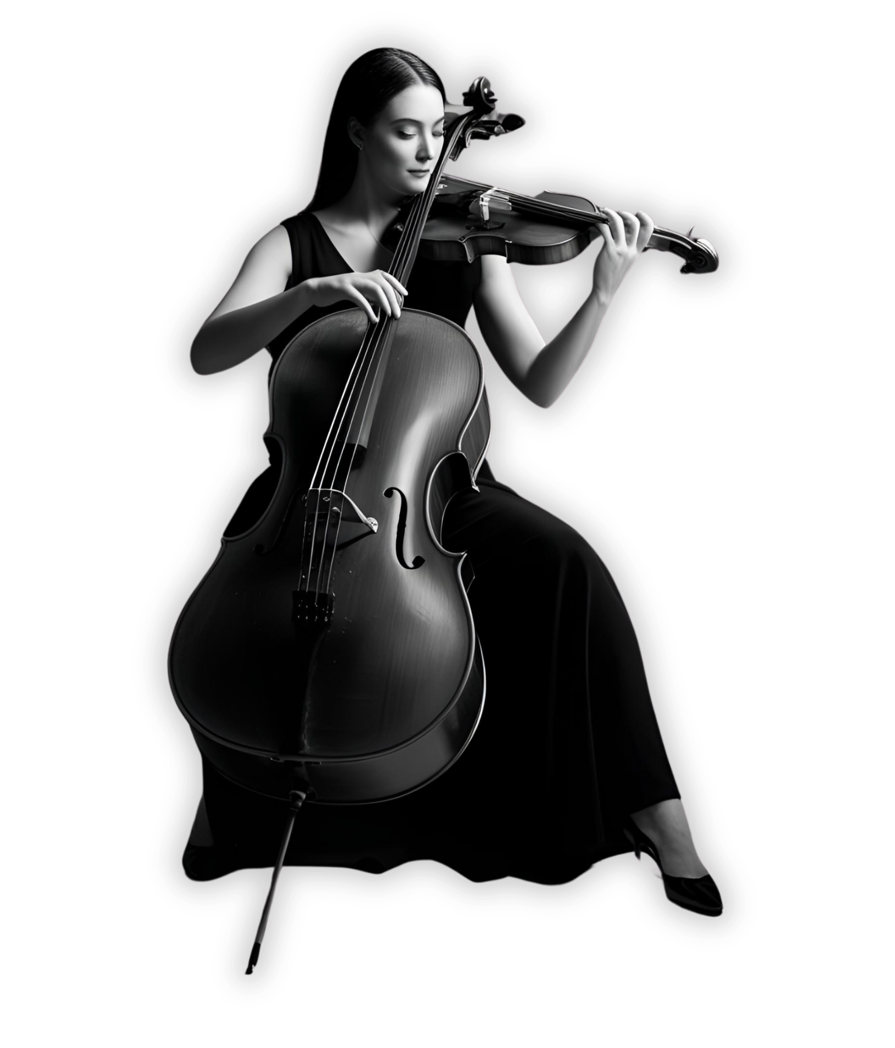 Black and white photograph of a woman playing a cello and a violin, sitting with her eyes closed, against a black background.