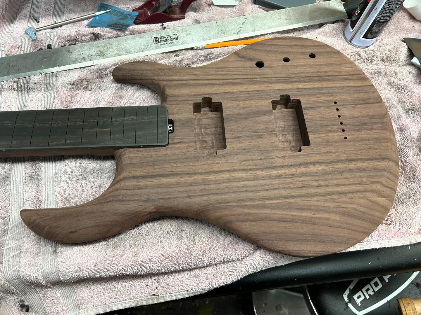 Indian Rosewood is a wonderful material to work with. Trevor&rsquo;s custom baritone is moving closer and closer to being go ready for finish #customguitar #baritoneguitar #stgermaineguitars #handmadeincanada