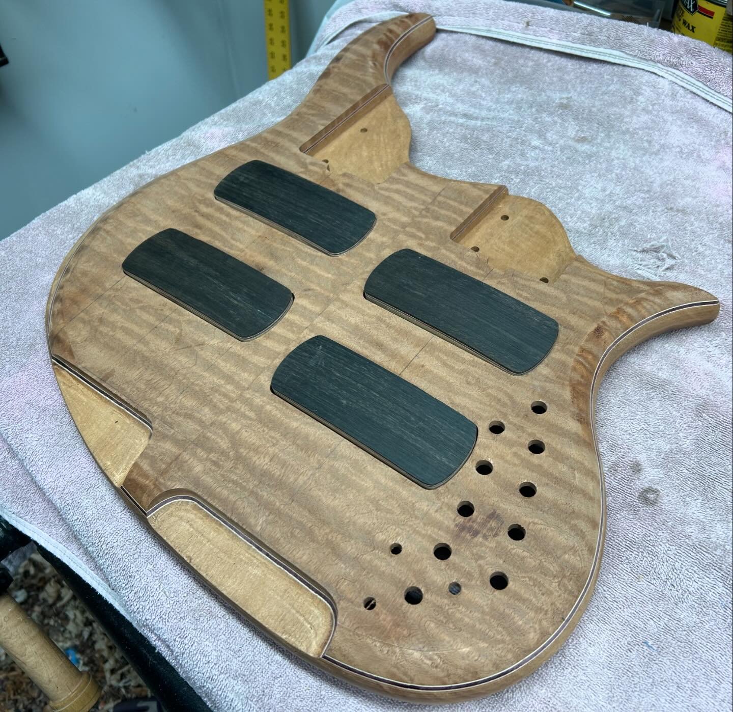 I made too many neck pockets and too many pickup cavities (and too many potentiometer and switch holes) on this one, but at least I made too many neck and zero headstocks to go along with it #doubleneck #doubleneckbass #6stringbass #6stringfretless #
