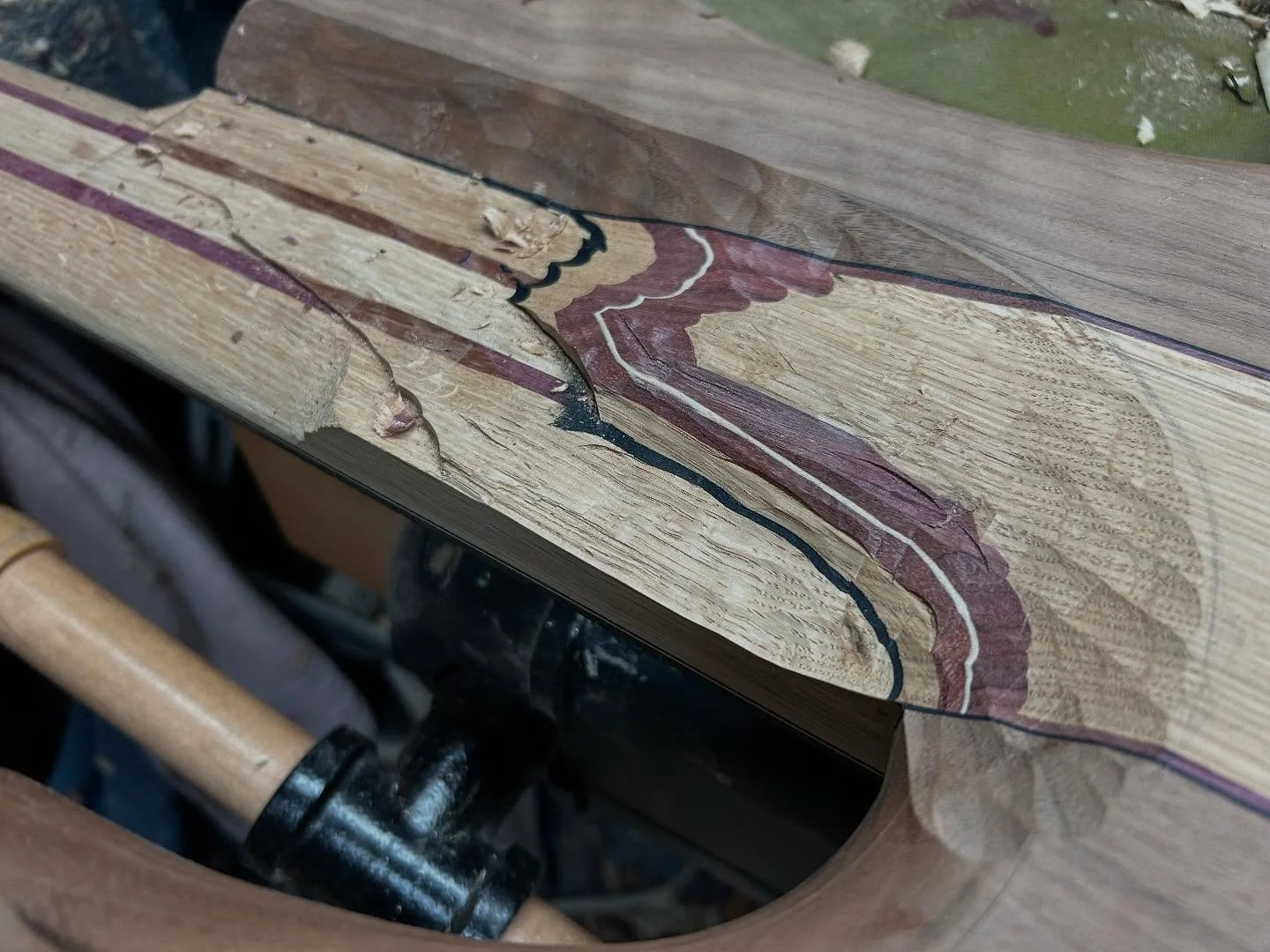 Before and after carving the heel on Bernie&rsquo;s 6-String Rhea bass #stgermaineguitars #rheabass #6stringbass #bassguitar #custombass #handmadeincanada