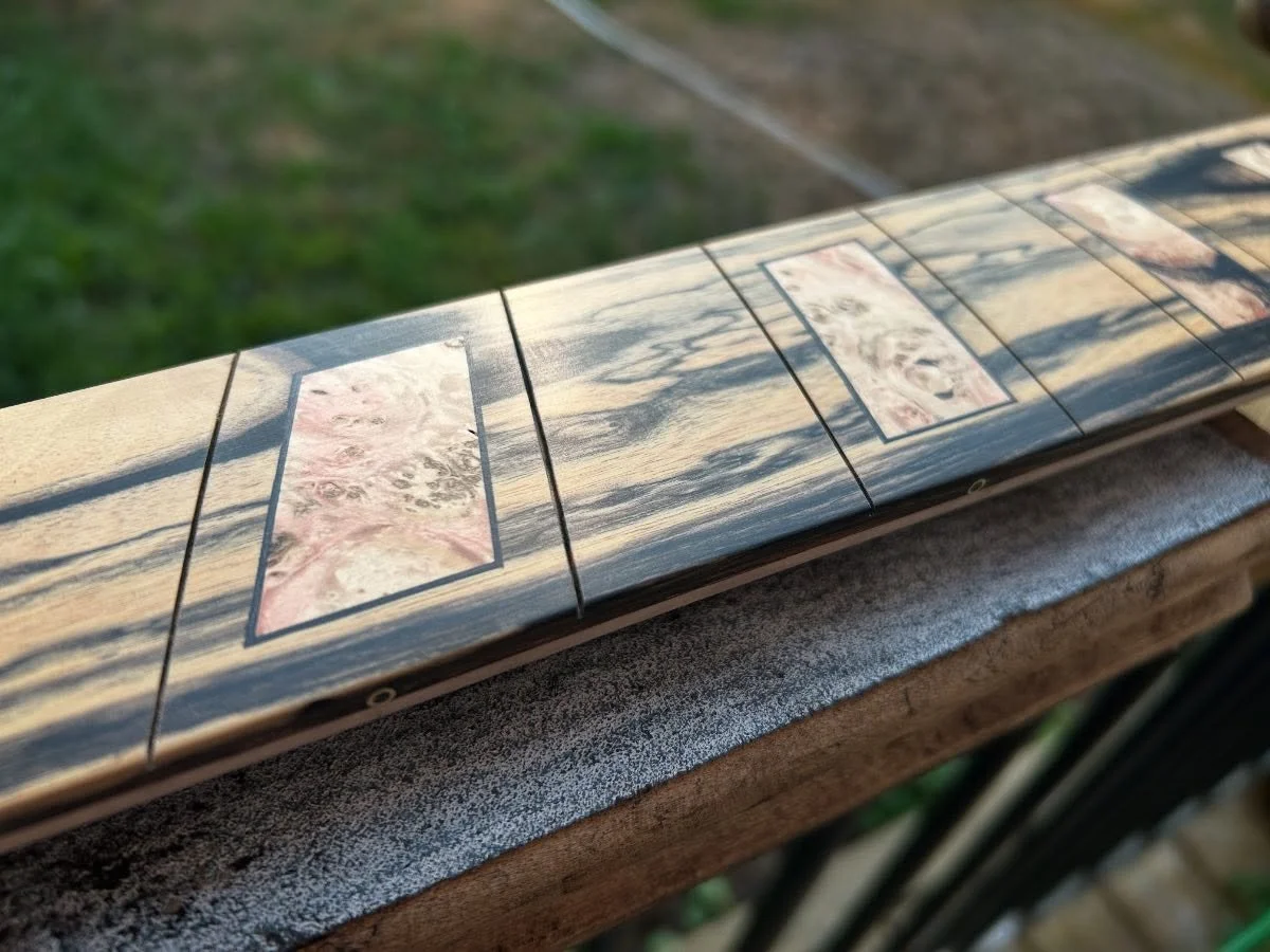 Starting fret installation on Luke&rsquo;s Shrike 6-string bass. Sometimes working outdoors is good for the spirit. #stgermaineguitars #shrikebass #multiscalebass #6stringbass #custombass #bassguitar #handmadeincanada