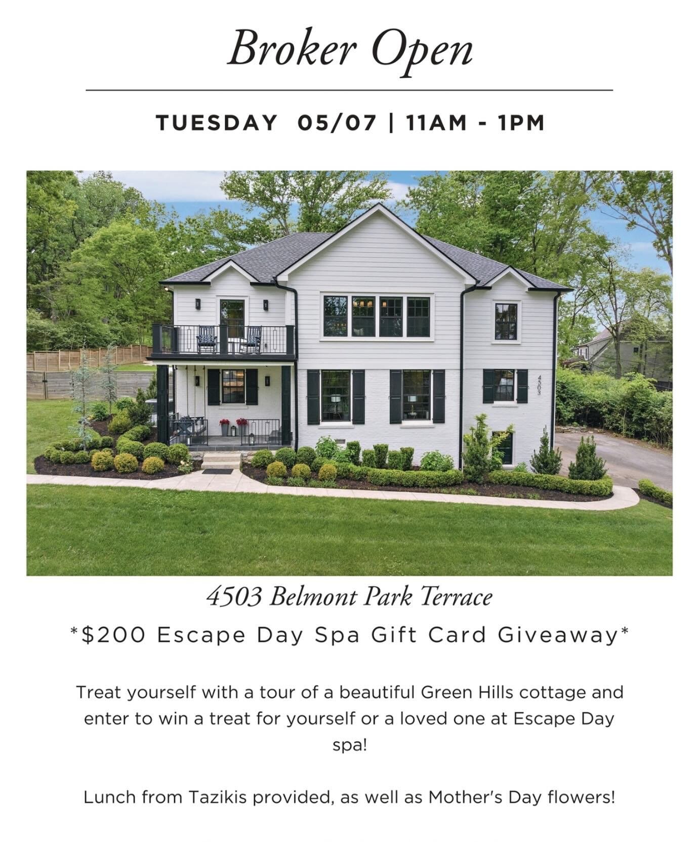 Join us tomorrow for a tour of 4503 Belmont Park Terrace in Green Hills from 11a-1pm! This house is truly special! Enter to win a $200 @escapenashville gift card, grab a flower for yourself or someone you love for mother&rsquo;s day, and grab some lu