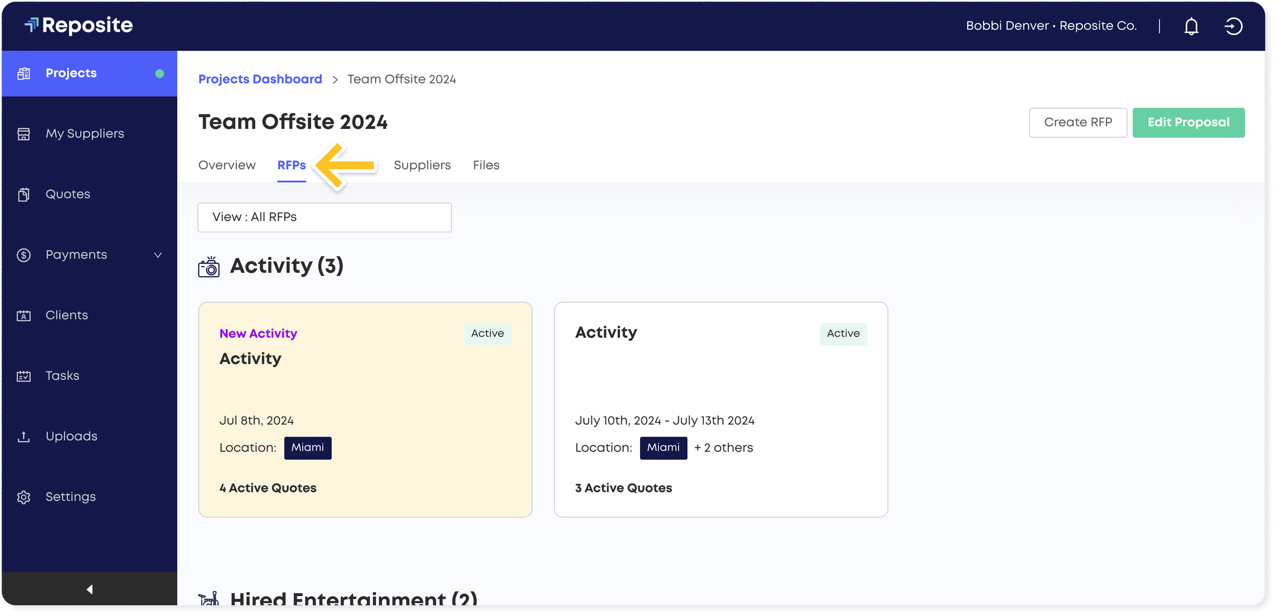 Reposite Planner Platform showing the RFP tab and a user's active RFPs