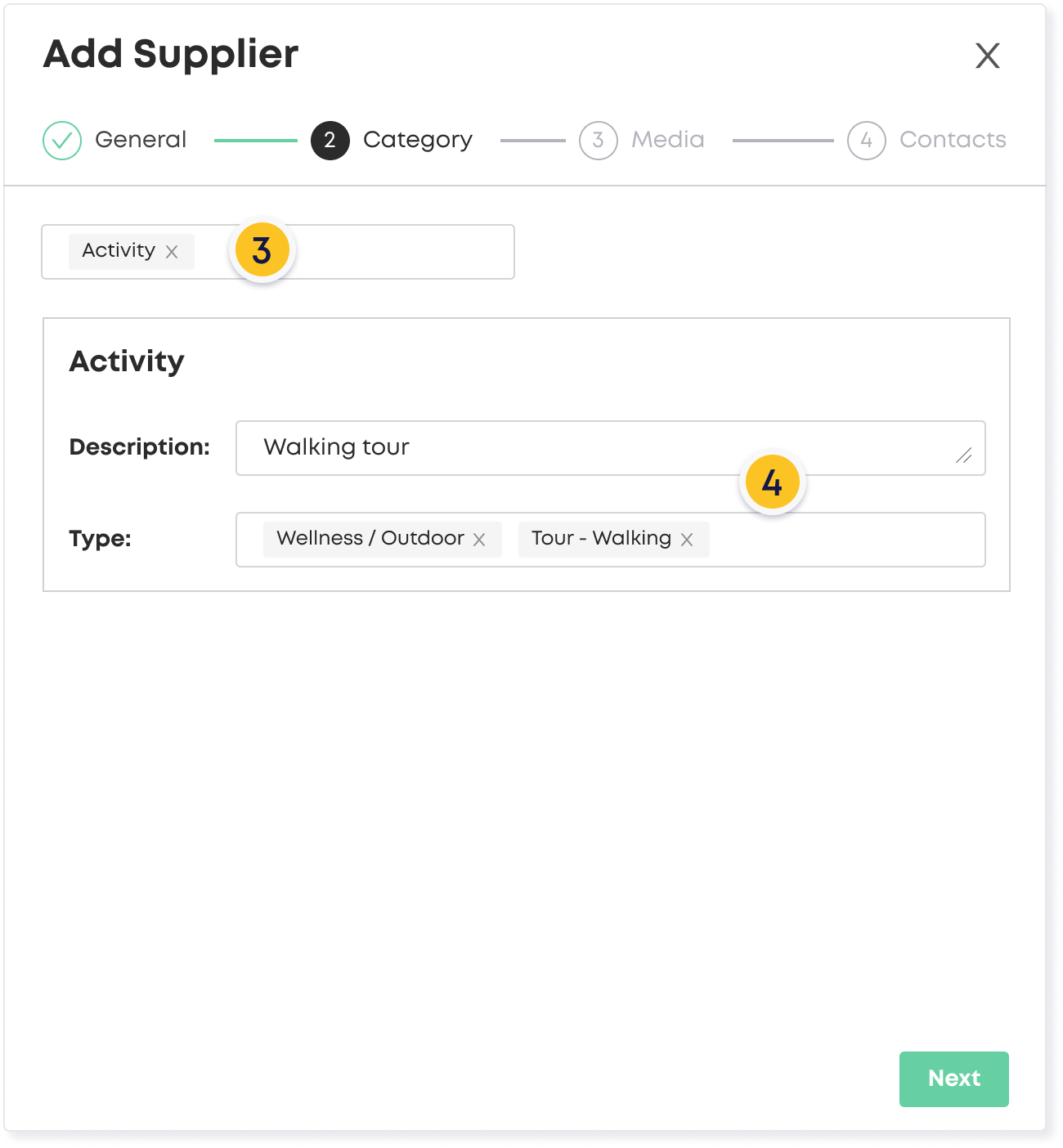 Supporting image to show that you add your category (or categories) in the dropdown and then for each, you can add a description and a type in the input fields.