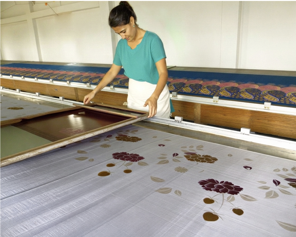 A woman working on a traditional Japanese textile printing process, placing a wooden frame over fabric with floral designs.