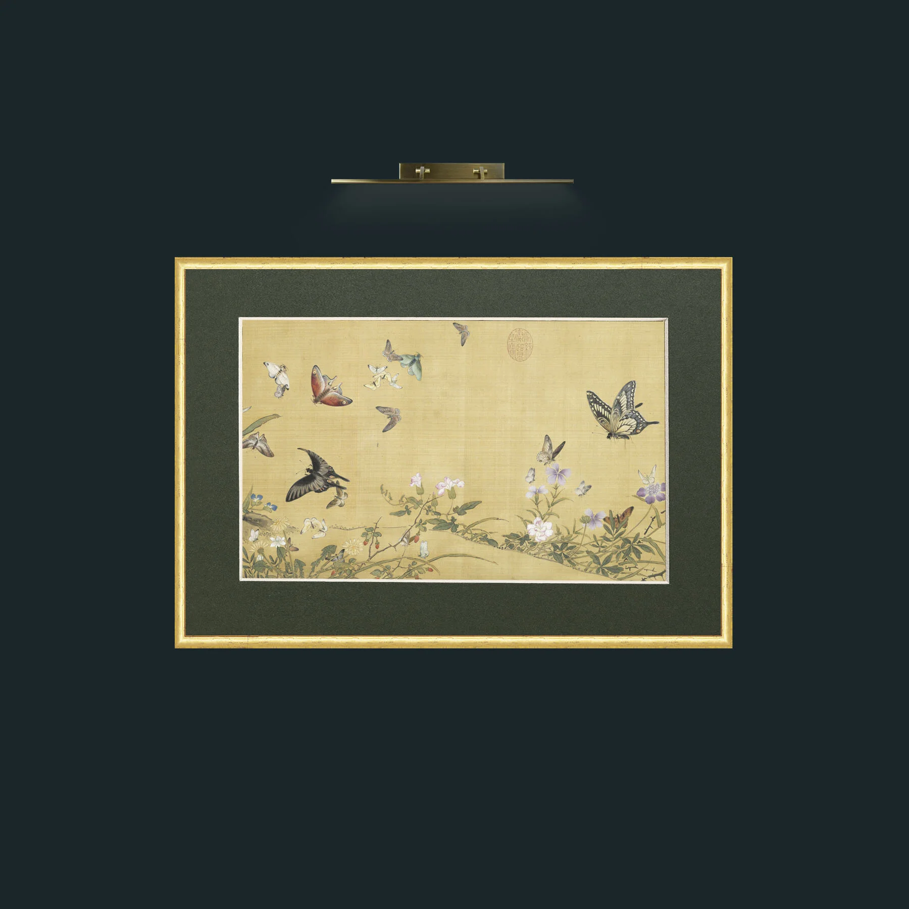 Art-Flowers and Butterflies.jpg-Frame-3Roundedgilt-Mount-2Green.jpg