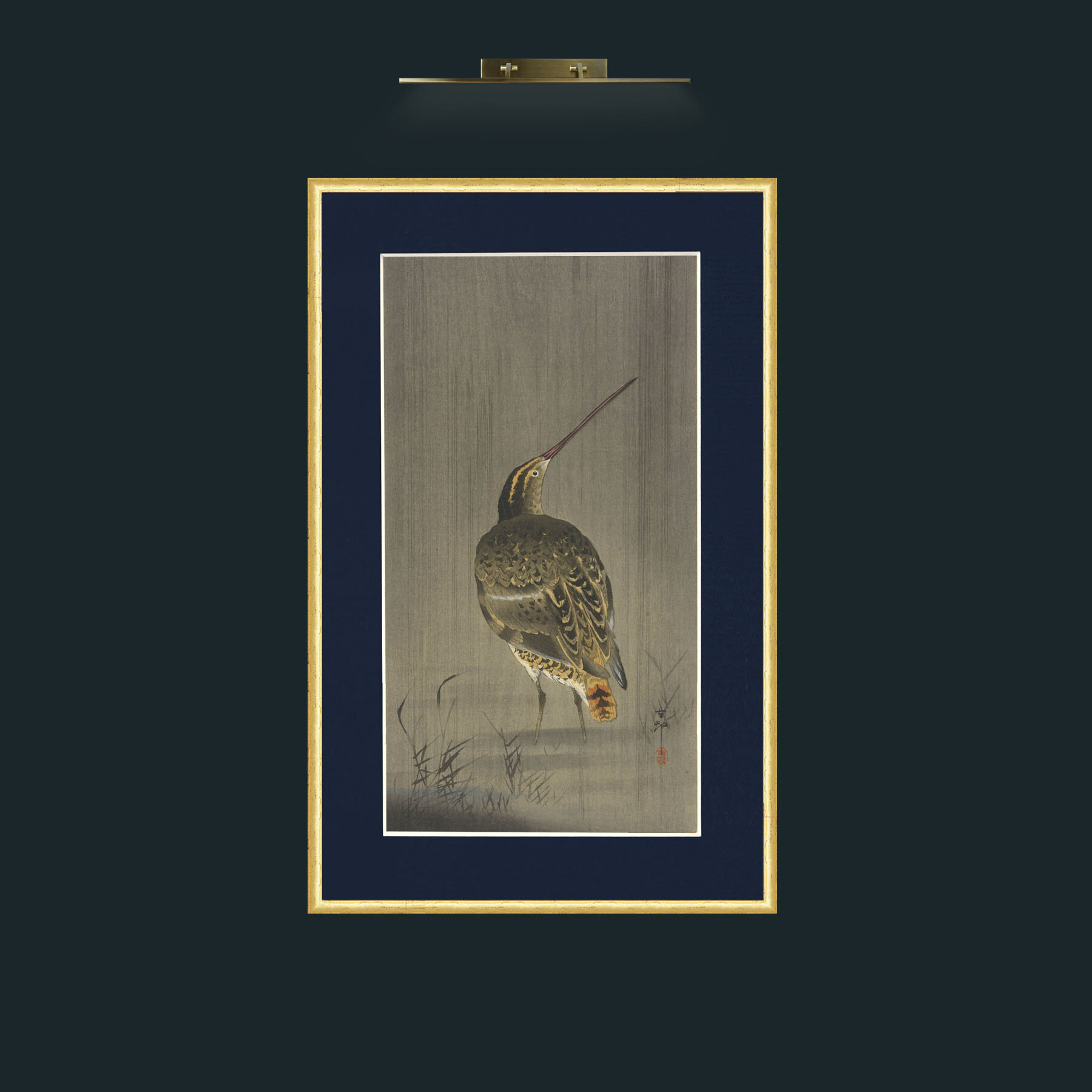 Art-Snipe in the Rain.jpg-Frame-3RoundedGilt-Mount-3Blue.jpg
