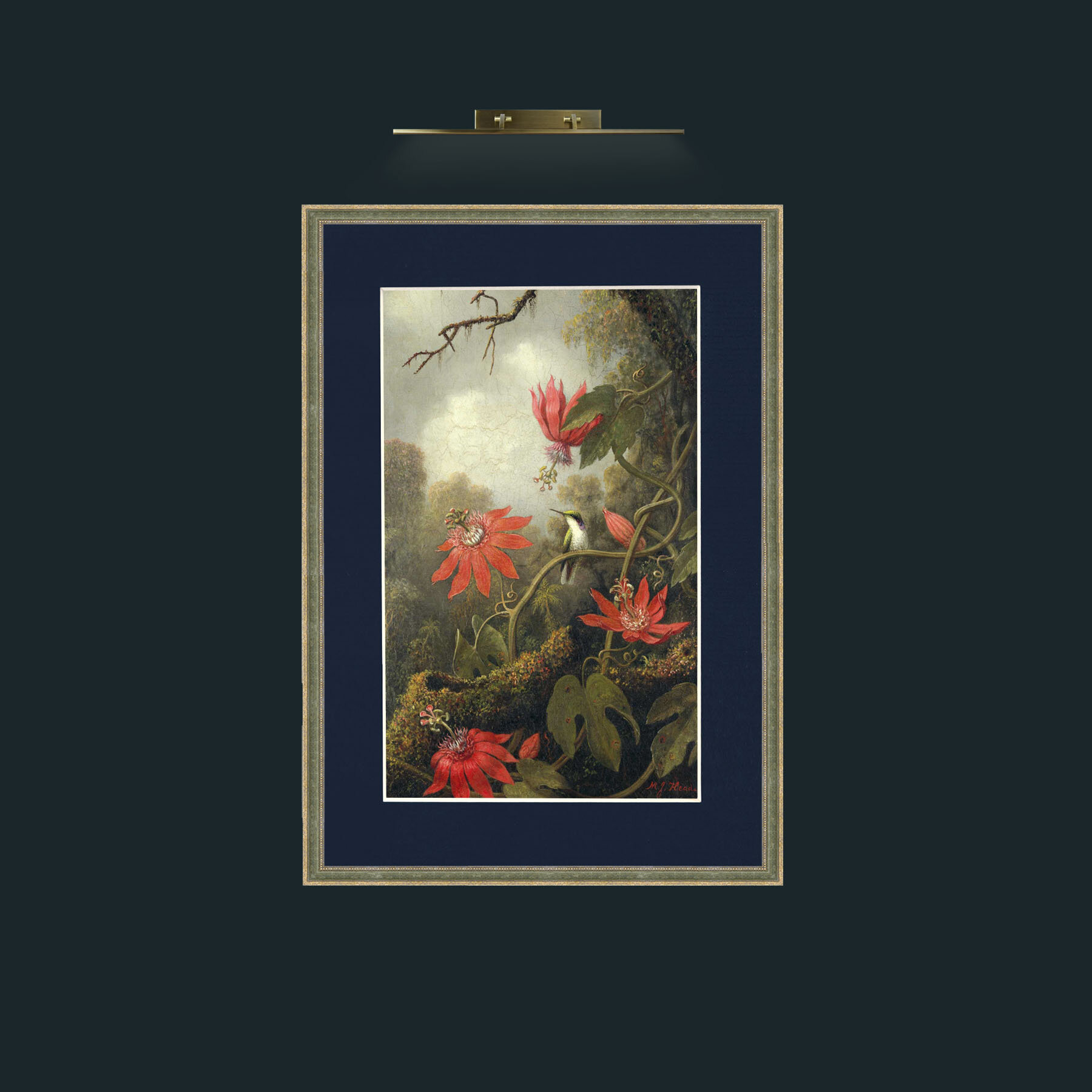 Art-Amaryllis and Humming Bird.jpg-Frame-2GreenGiltTextured-Mount-3Blue.jpg
