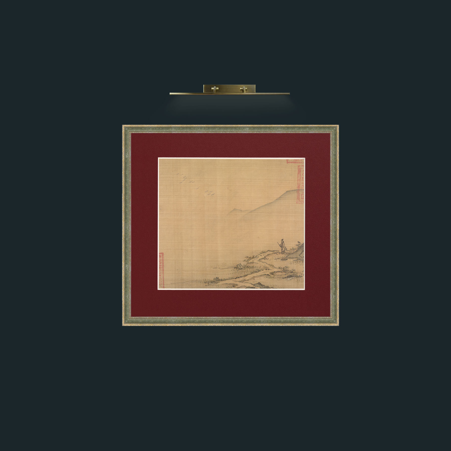 Art-Landscape with Flying Geese-Frame-2GreenGiltTextured-Mount-4Red.jpg