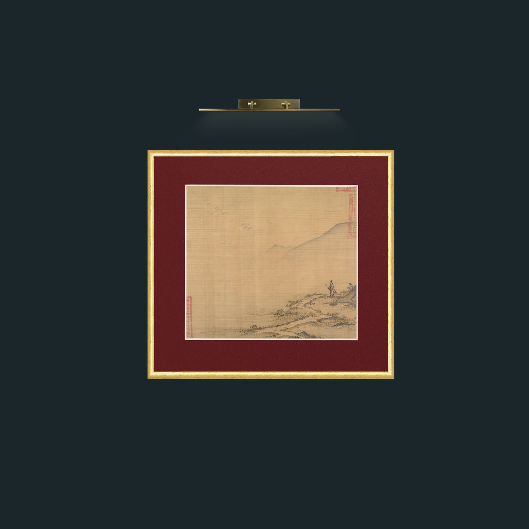 Art-Landscape with Flying Geese-Frame-3RoundedGilt-Mount-4Red.jpg
