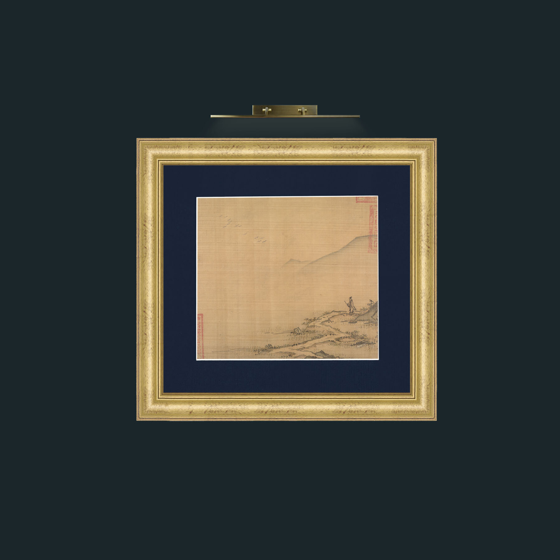 Art-Landscape with Flying Geese-Frame-9WideGilt-Mount-3Blue.jpg