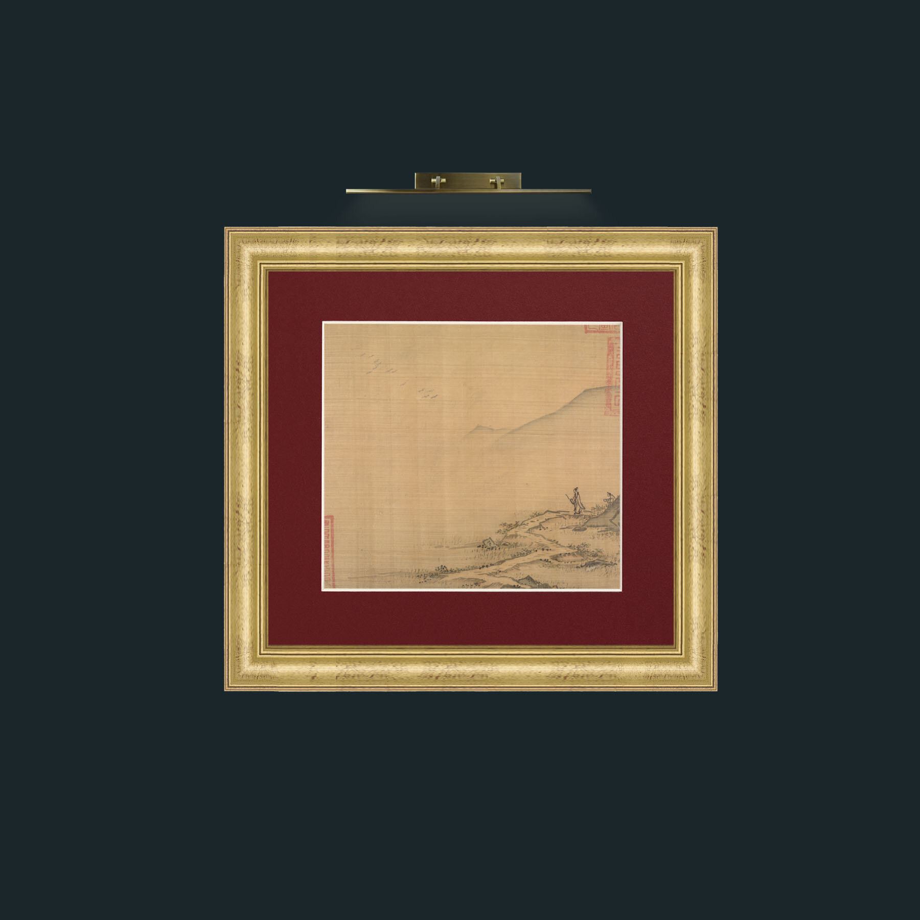 Art-Landscape with Flying Geese-Frame-9WideGilt-Mount-4Red.jpg