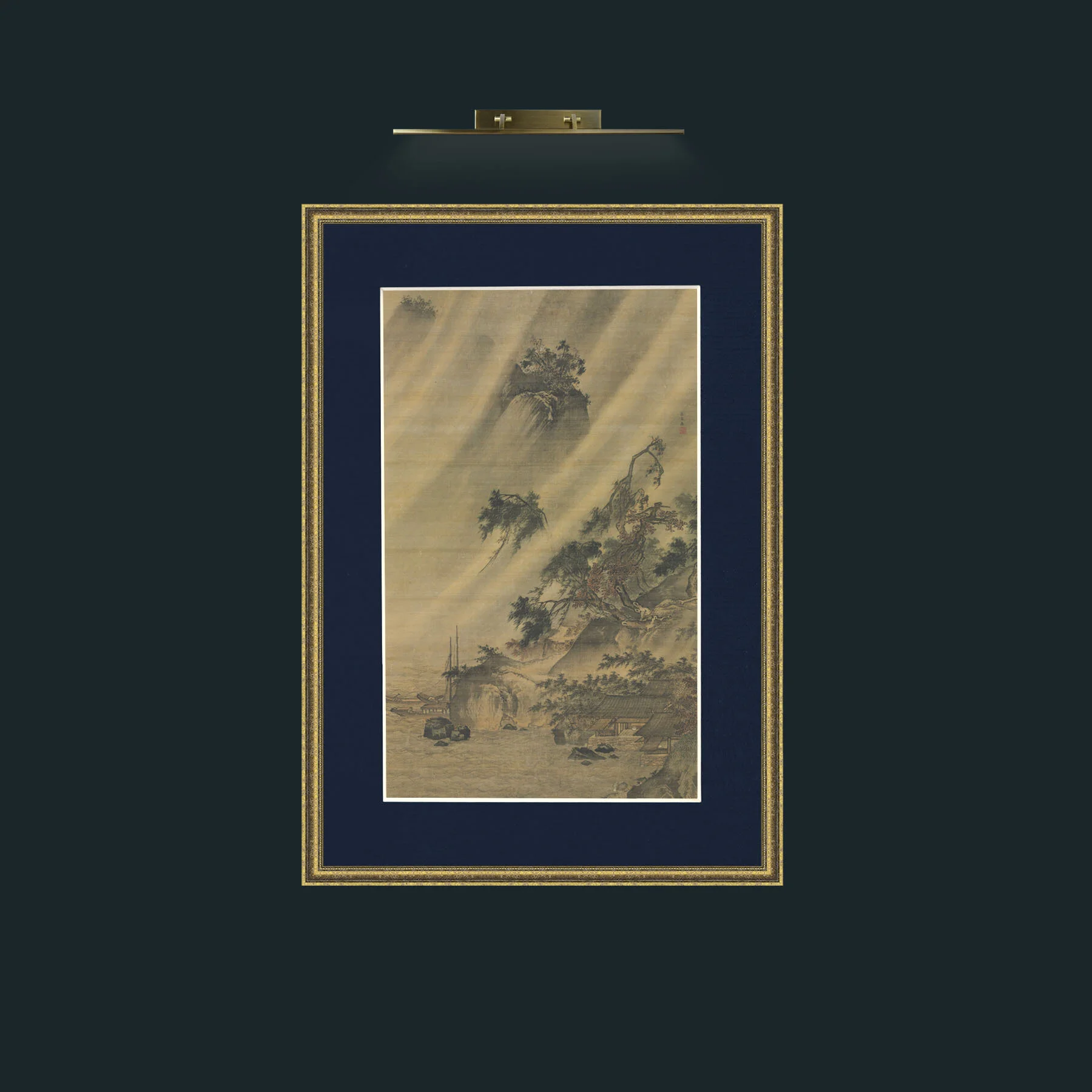 Art-River Village in a Rainstorm.jpg-Frame-1GiltTextured-Mount-3Blue.jpg