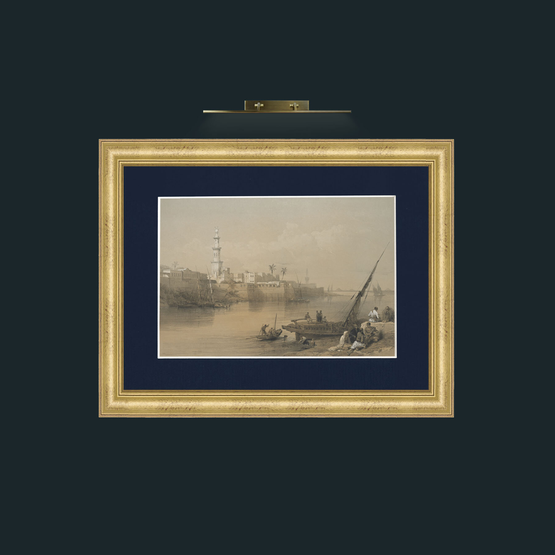 Art-View of the Nile, Ferry to Gizeh-Frame-9WideGilt-Mount-3Blue.jpg