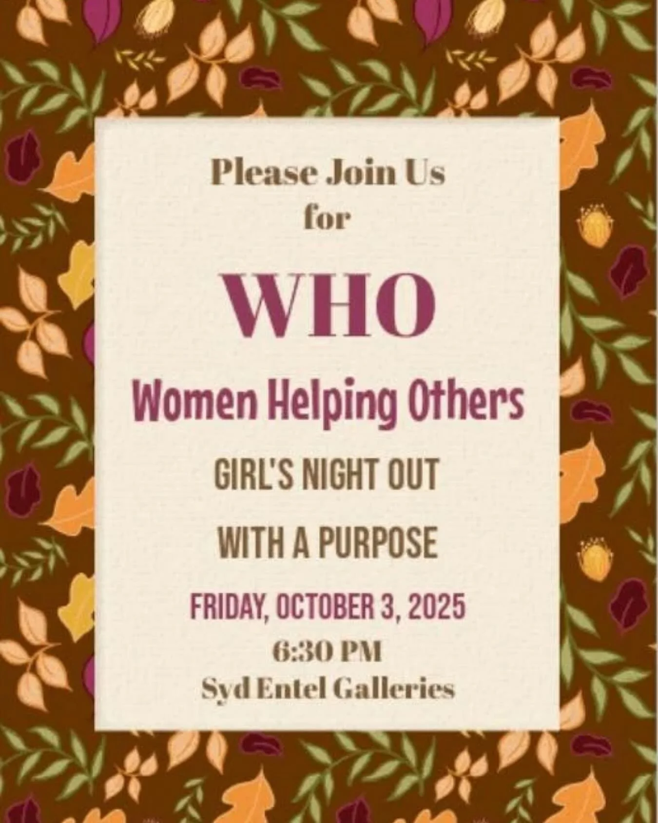 Women Helping Others (WHO) Safety Harbor, an amazing group of philanthropic women, are throwing a fundraising event for I Rise this Friday, October 3rd at 6:30 pm! 
.
Join us at Syd Entel Galleries in downtown Safety Harbor for Girls Night Out With A