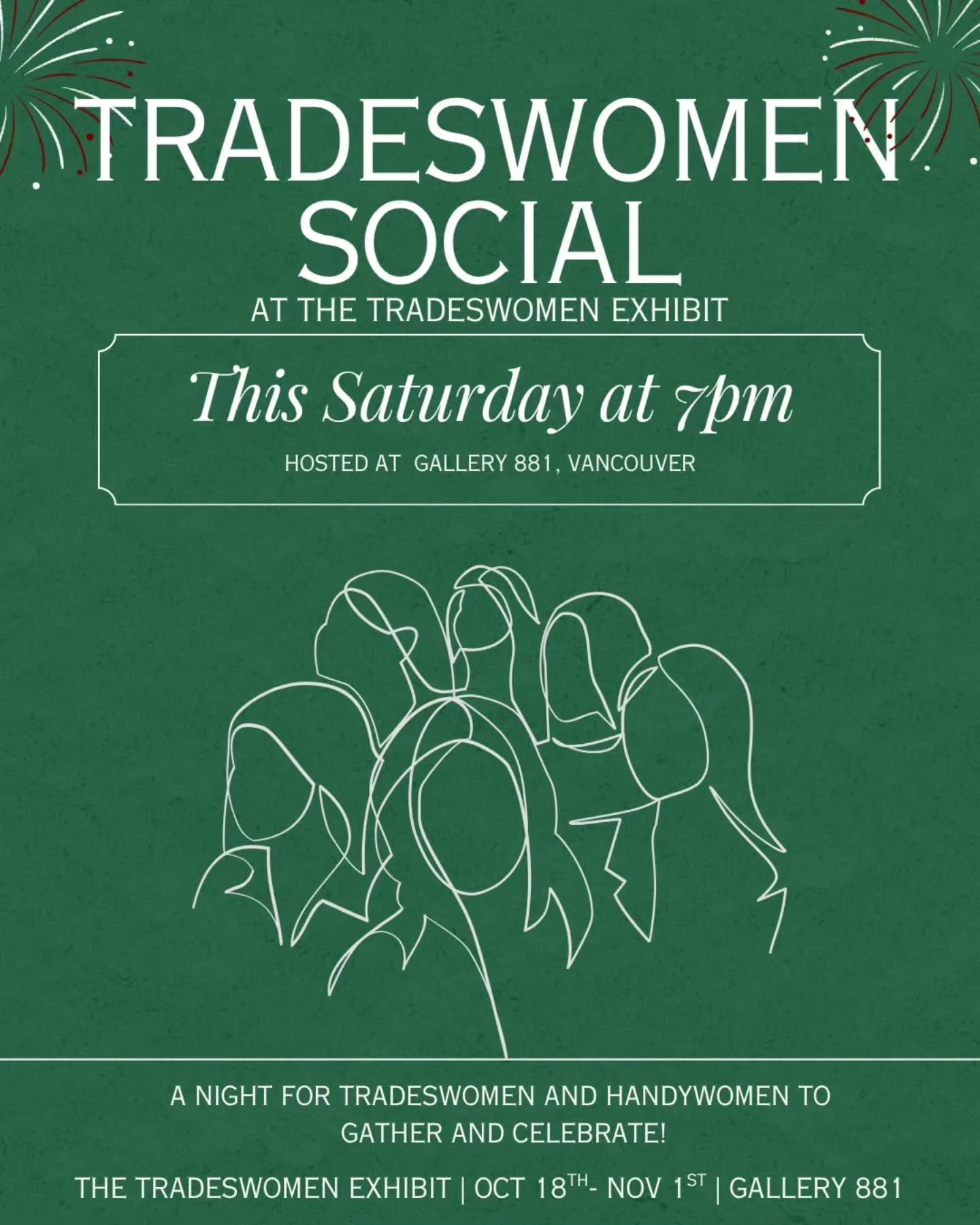 Tools down, hearts open.

Join us this Saturday for the Tradeswomen Social - a night of connection, music, and community at Gallery 881. Come solo or bring a friend.

✨ 7PM &bull; Gallery 881 &bull; Vancouver

If cost is a barrier, use code COMMUNITY
