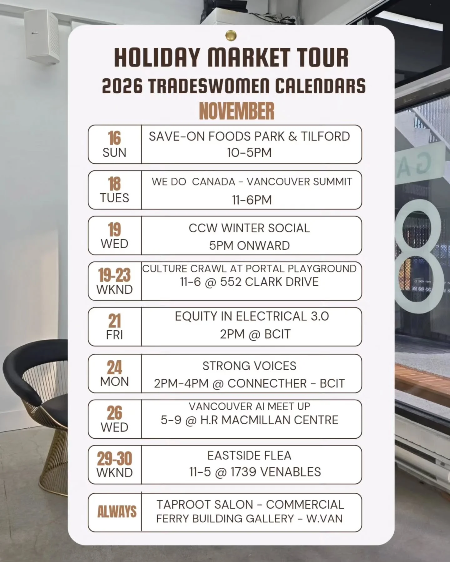 The 2026 Tradeswomen Calendars are officially out in the world - and here&rsquo;s where you can find me all month long. 

I&rsquo;ll be popping up across Vancouver throughout November, sharing the calendars in person and connecting with folks who sup