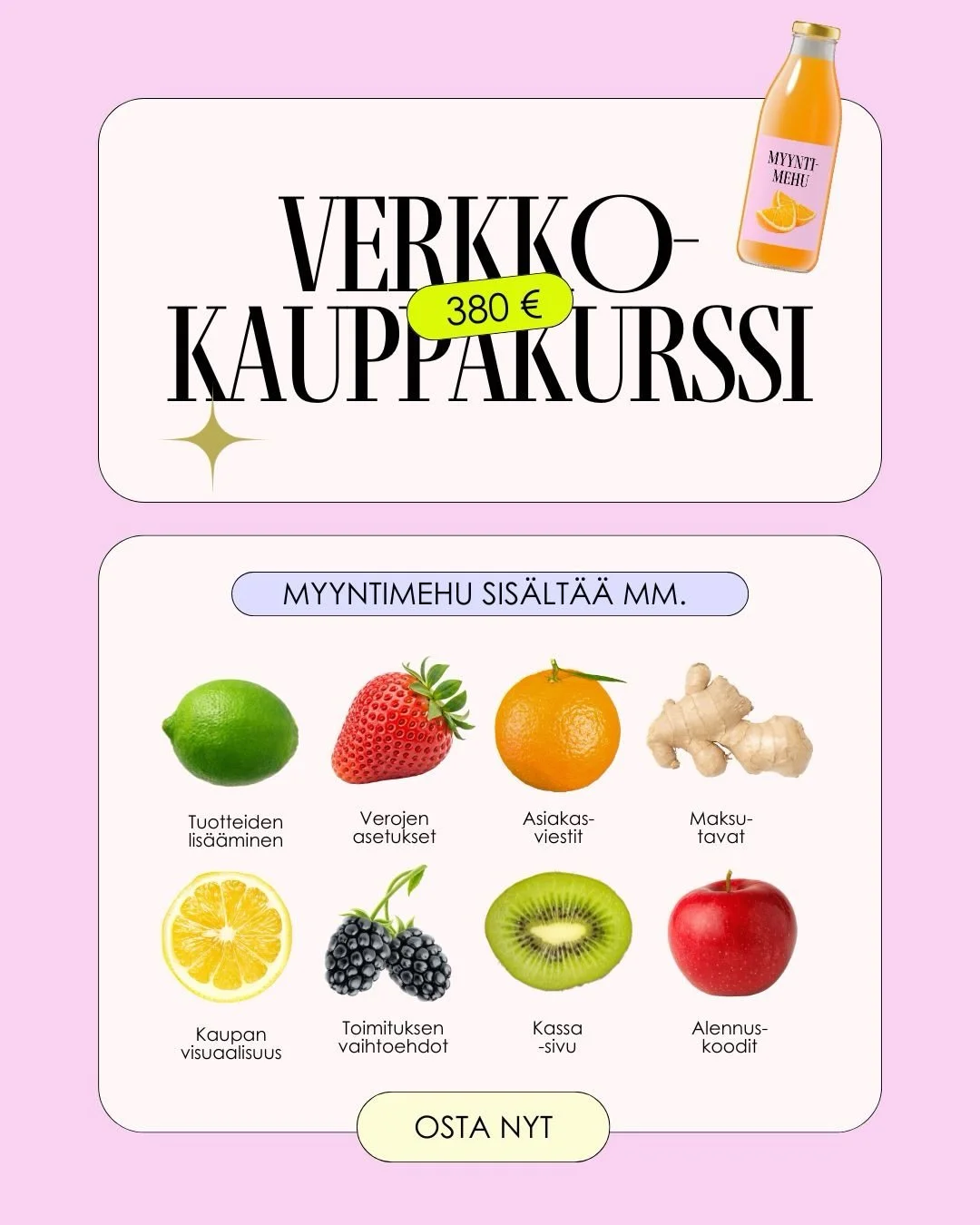 Verkkokaupan lis&auml;&auml;minen Squarespace sivuille ei tarvitse olla happama kokemus, joka kest&auml;&auml; ikuisesti.

Jos verkkokaupan asetukset tuntuu sekavalta sopalta, Verkkokauppa Squarespace -sivulle kurssi on sun raikas mehuhetki.

Selke&a