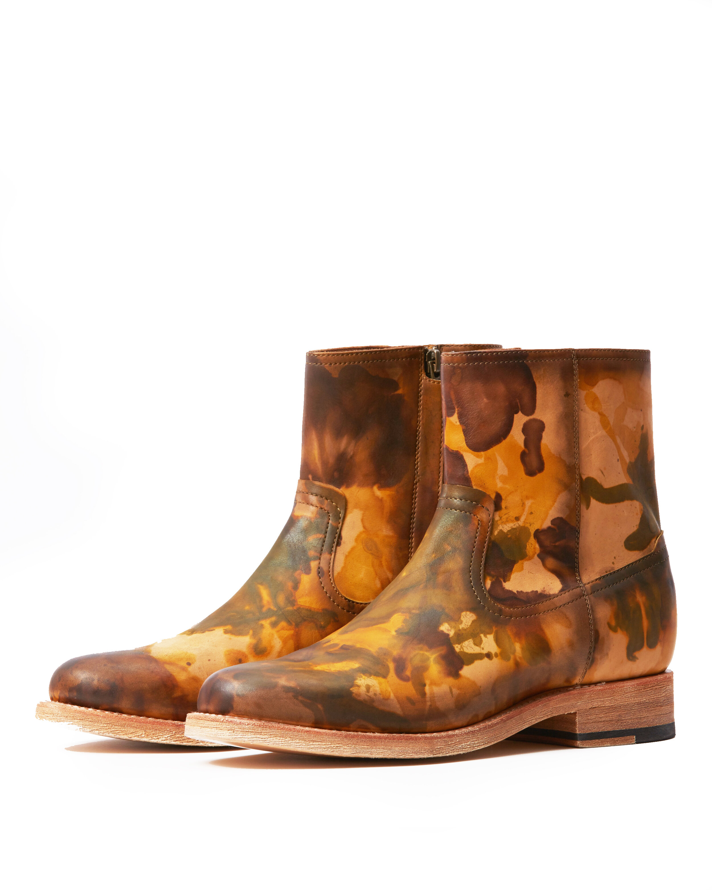 Vegetable tanned calf. Bound resist and poured dye. Boot is the Ariat Santa Fe, designed by Jose Monroy