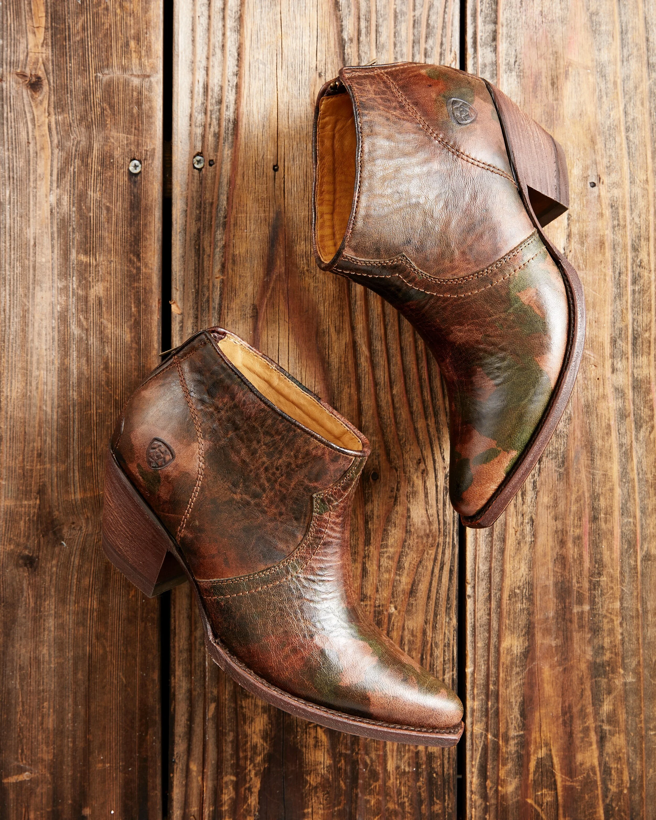 Tye-Dyed and Waxed goatskin from Cabras Soto in Leon, MX. Ariat Jadyn short boot made for Carli Holcomb, artist and cowgirl. 