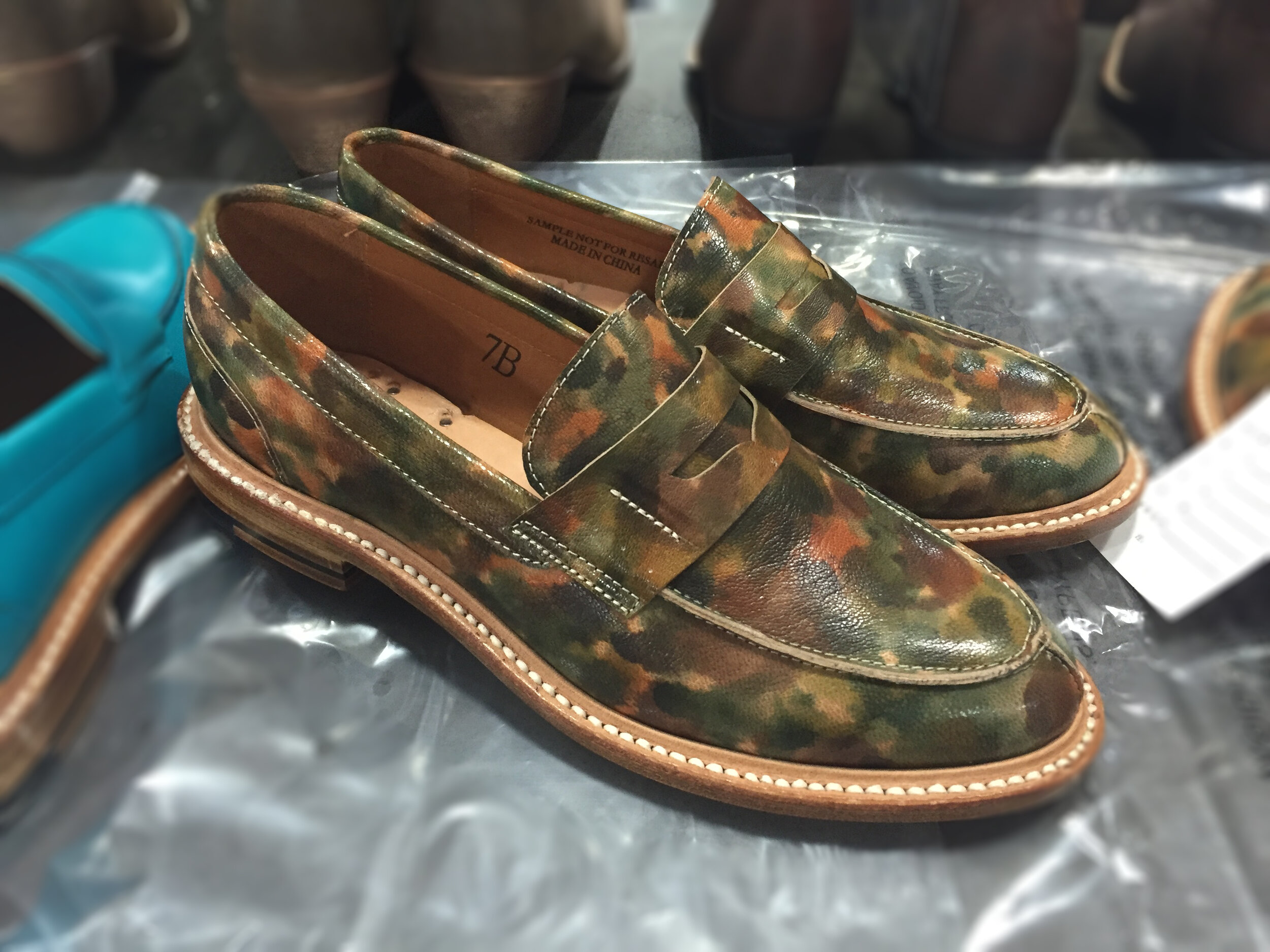 rock stamped camo on veg-tan goatskin, then glazed. on a women's loafer pattern I designed for my mother; these shoes owned by a treasured colleague