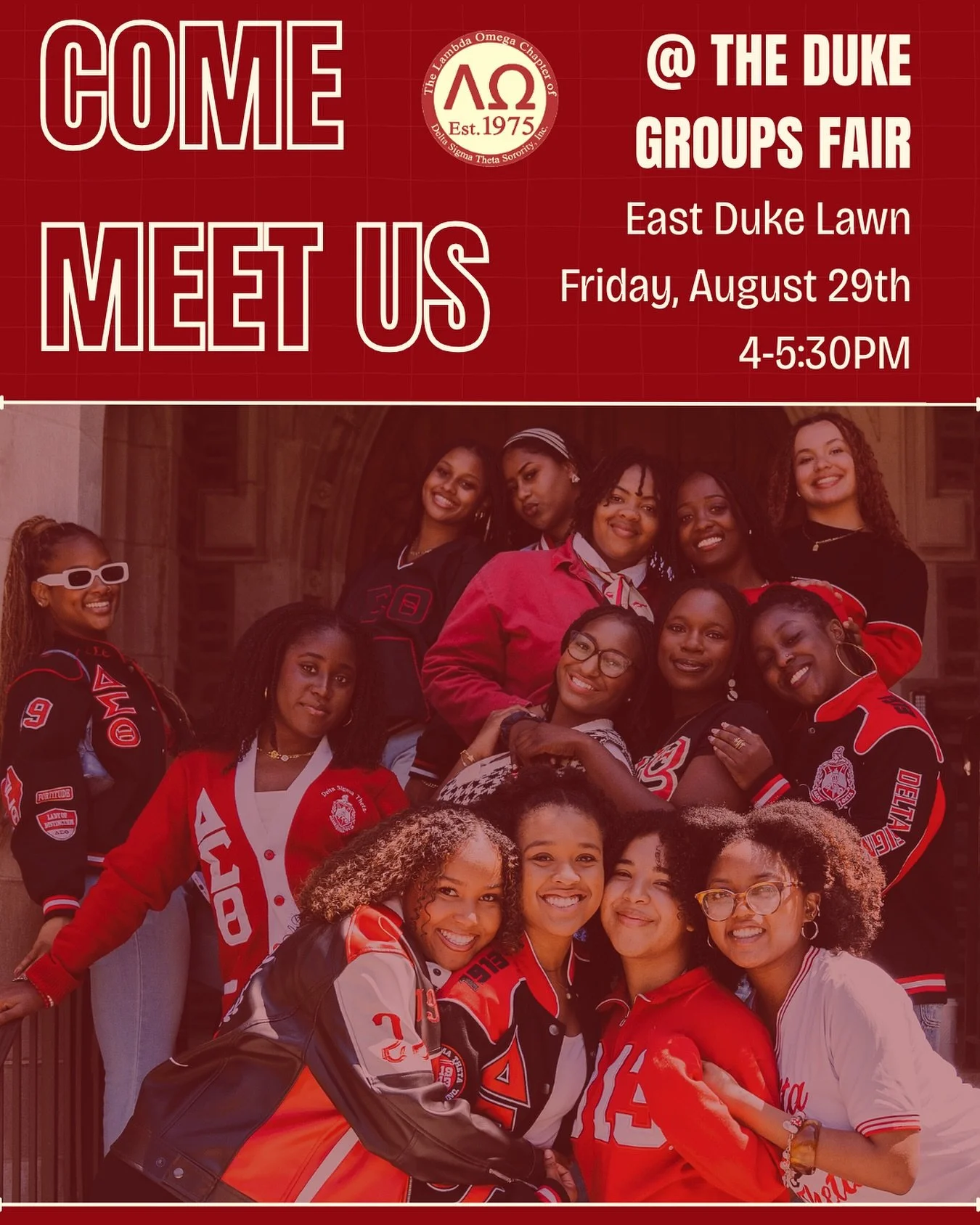 Come visit the Lambda Omega Chapter of Delta Sigma Theta Sorority, Inc. at this year’s Duke Groups Fair! Get to know our organization, our values, and our legendary members!